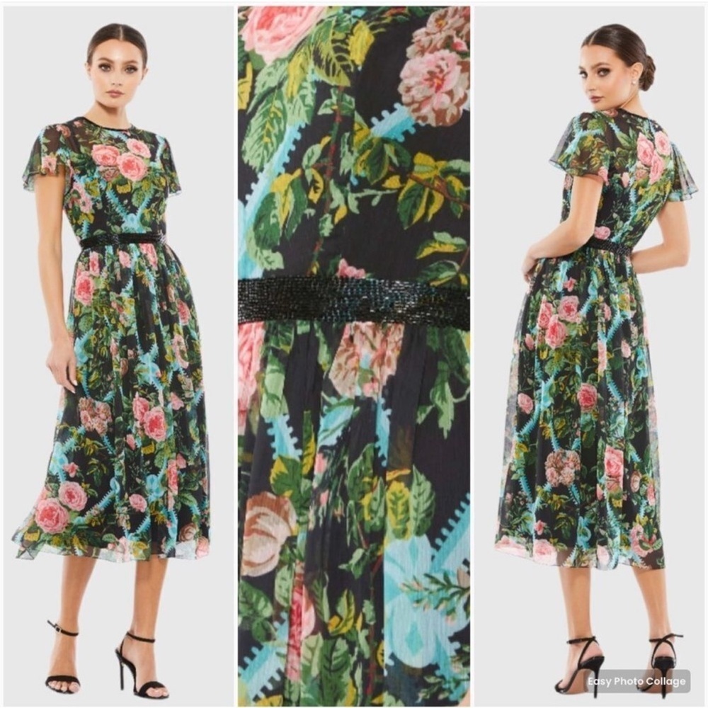 MAC DUGGAL 9149 Womens Floral Illusion Cap Sleeve Midi Dress